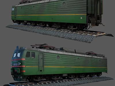 Green Electric Train With Yellow Stripe Design Running On Railway Track 3d model