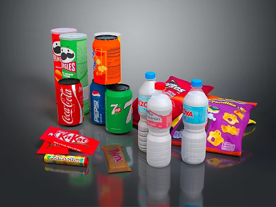 Assorted Beverages in Cans and Bottles with Colorful Packaging and Snacks on 3d model
