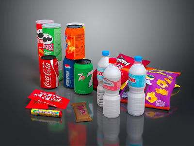 Assorted Beverages in Cans and Bottles with Colorful Packaging and Snacks on 3d model