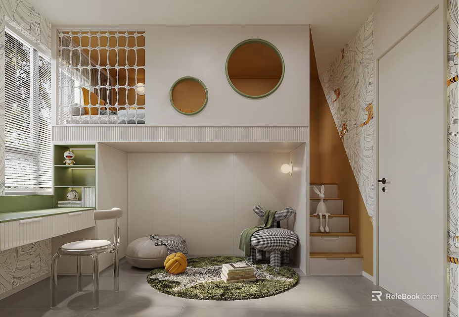 Kids Room Interior Design With Bunk Bed Circular Windows Staircase And Study Area 3d model 