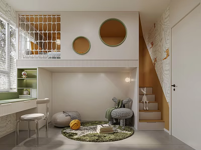 Kids Room Interior Design With Bunk Bed Circular Windows Staircase And Study Area 3d model
