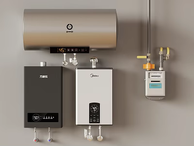 Different Types Of Modern Water Heater Devices With Storage Gas Models And Control Units 3d model