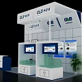 GLB Exhibition Booth With Modern White Blue Design And Display Screens Tables Chairs