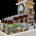 Multi-layer Display Shelf with Bottled Products Wreath String Lights and Outdoor Scene Poster 3d model