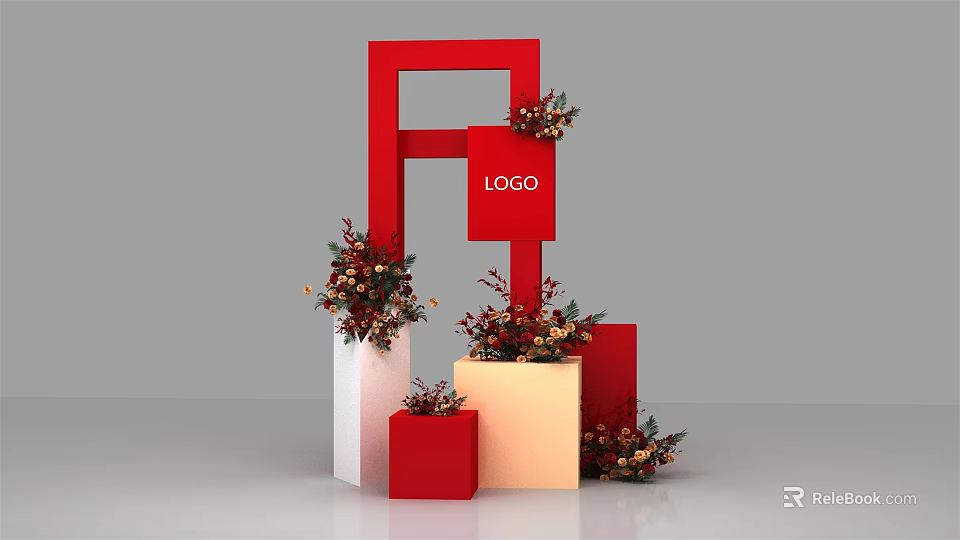 Red Frame Decorative Setup With Logo And Colorful Blocks And Flowers 3d model