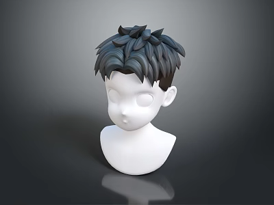 White Bust Head Model With Dark Layered Hair And Simple Outlined Facial Features 3d model