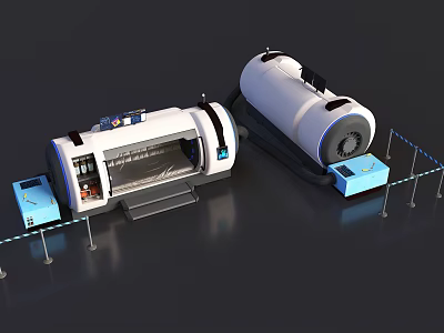 Industrial Equipment Featuring Large White Machinery With Blue Control Boxes And Safety Barriers 3d model