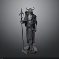 Man Wearing Horned Helmet With Long Beard Holding Staff In Dark Robe Standing On Pedestal