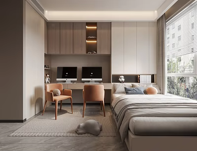 Modern Tatami Bedroom Interior Design With Tatami Bed Writing Desk Two Chairs And Window View 3d model