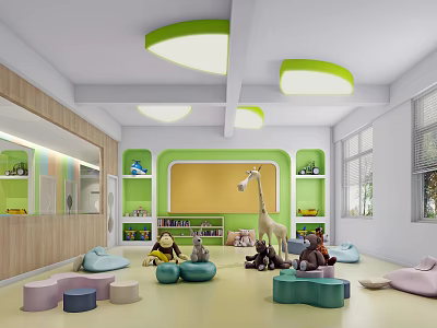 Kindergarten Indoor Space With Colorful Soft Cushioned Seats Giraffe Plush Toy Green Yellow Decor And Bright Windows 3d model
