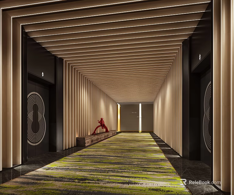 Modern Hotel Corridor With Wooden Slat Ceiling Colorful Carpet Wooden Walls And Red Sculpture 3d model 