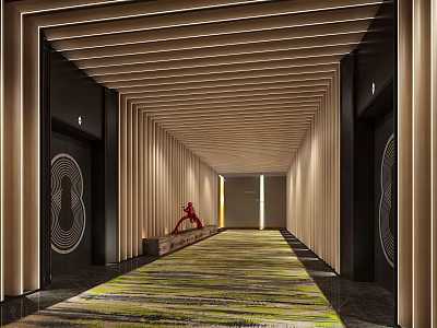 Modern Hotel Corridor With Wooden Slat Ceiling Colorful Carpet Wooden Walls And Red Sculpture 3d model