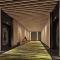 Modern Hotel Corridor With Wooden Slat Ceiling Colorful Carpet Wooden Walls And Red Sculpture
