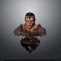 Suspended 3D Horned Demon Character With Fierce Expression Armored Shoulders And Glowing Red Base