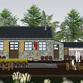 Rural Self-built House with Stone Walls Gray Tile Roof Outdoor Clay Pots and Palm Trees