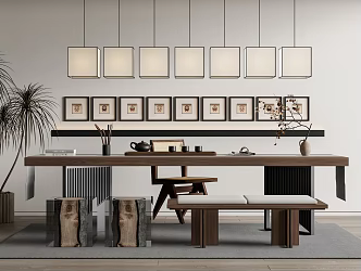 Tea Table and Chair Tea Table Chandelier Low Stool Tea Set Hanging Picture Potted Plant 3d model