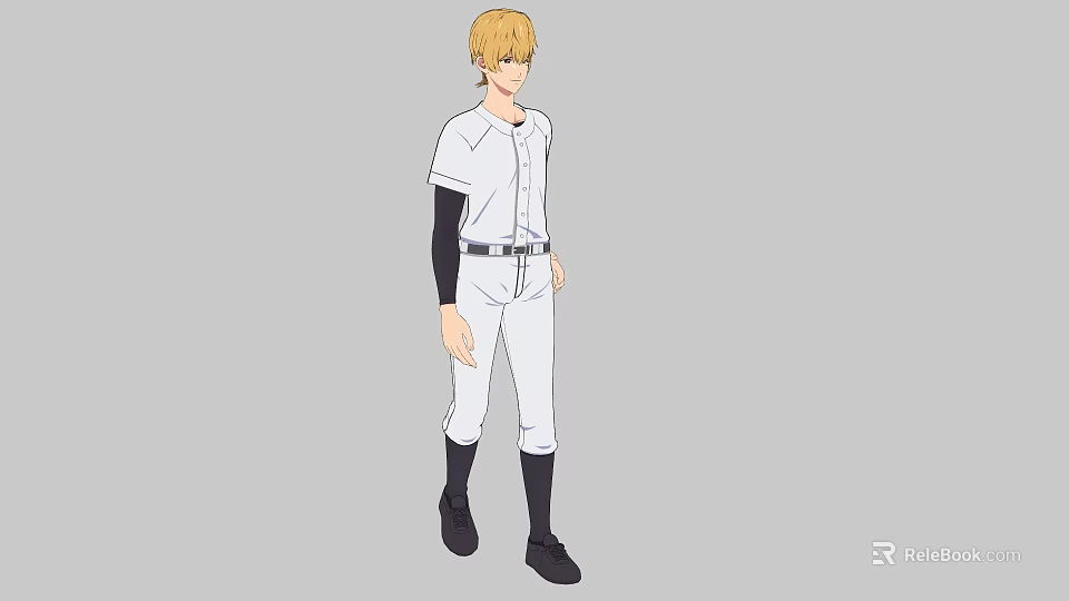 Blonde Man in White Baseball Uniform with Black Long Sleeves Standing Against Gray Background 3d model 