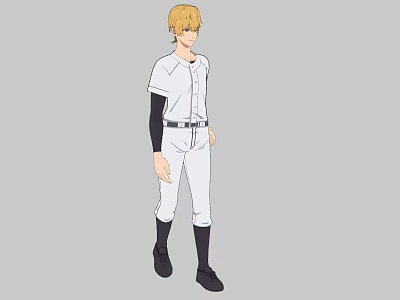 Blonde Man in White Baseball Uniform with Black Long Sleeves Standing Against Gray Background 3d model