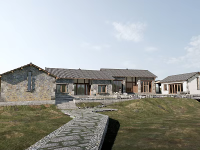 Traditional Ancient Architecture Exterior With Grey Tile Roof And Stone Pathway Courtyard Design 3d model