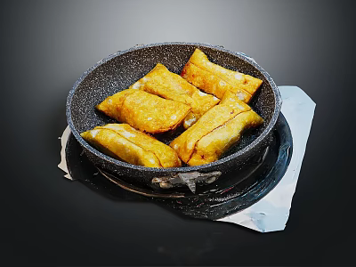 Golden Crispy Fried Dumplings in Black Stone Pan on Stove Top 3d model