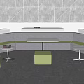Curved Gray Public Seating With Small Round Tables And Green Stools 3d model