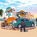 Vibrant Beach Party Scene With Teal Car Open Trunk People Palm Trees And Sunset Sky