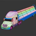 White and Blue Truck with Flatbed Trailer Loaded with White Cylindrical Logs