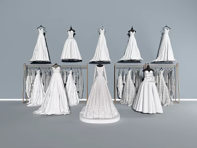 Elegant White Wedding Dresses With Lace Details Displayed On Hangers And Mannequins 3d model