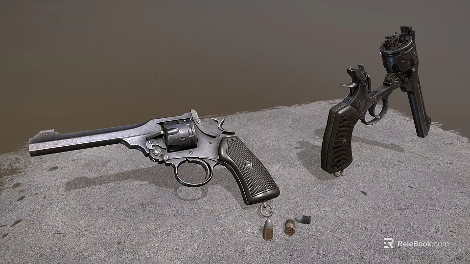 Vintage Revolver Handgun Display With Bullets And Shell Casings On Grey Surface 3d model 