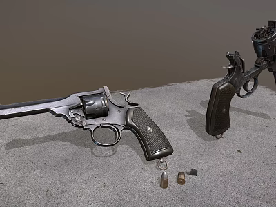 Vintage Revolver Handgun Display With Bullets And Shell Casings On Grey Surface 3d model