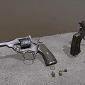 Vintage Revolver Handgun Display With Bullets And Shell Casings On Grey Surface