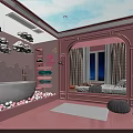 Pink Hotel Guest Room With Bathtub Cloud Decorations Bed Window Balls And Rug