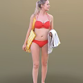 Woman In Red Bikini Top Holding Towel And Yellow Striped Tote Bag
