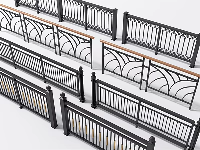 Various Modern Metal Fence Designs with Decorative Patterns and Curved Railings 3d model