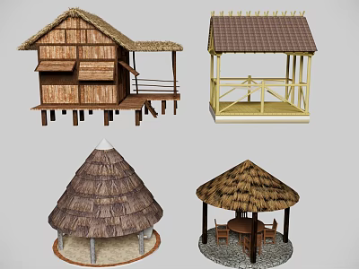 Traditional Thatch Roof Hut And Pavilion Structures With Wooden Frames And Seating 3d model
