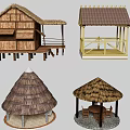 Traditional Thatch Roof Hut And Pavilion Structures With Wooden Frames And Seating