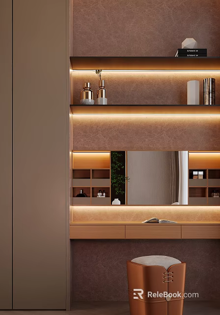 Modern Dressing Table With LED Lighting Mirror Shelves And Decorative Accessories 3d model