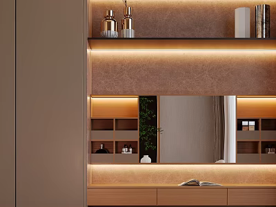 Modern Dressing Table With LED Lighting Mirror Shelves And Decorative Accessories 3d model