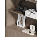 Stylish Modern Display Cabinet Featuring Layered Shelves With Decorative Vases Books And Artworks