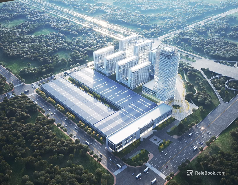 Aerial Planning of Modern Building Complex With Solar Rooftops Greenery and Road Networks 3d model 