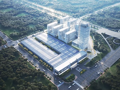 Aerial Planning of Modern Building Complex With Solar Rooftops Greenery and Road Networks 3d model