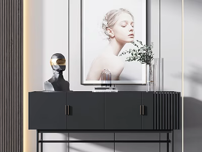 Modern Black Entryway Cabinet Sideboard with Decorative Metal Handles Portrait and Green Plants 3d model