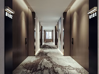 Modern Hotel Corridor With Wooden Walls Room Numbers Patterned Carpet And Warm Lighting 3d model