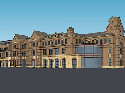Classic Modern Commercial Street Building With Brick Structure Gabled Roofs And Glass Curtain Walls 3d model