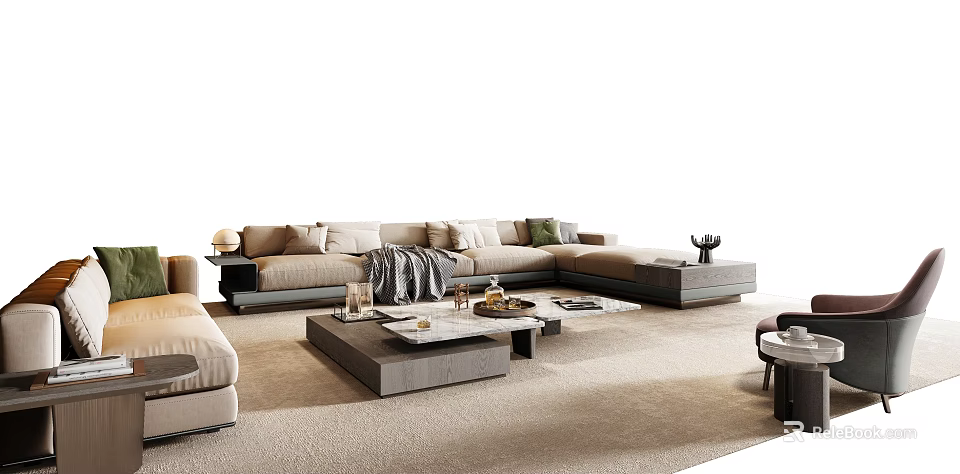Modern Sofa and Coffee Table Set with Soft Cushions and Marble Table Top 3d model 