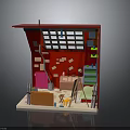 Creative Red Themed Studio Furniture Setup With Easel Worktable Shelves And Storage