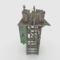 Rustic Wooden Watchtower With Green Flag And Elevated Frame Structure Design 3d model