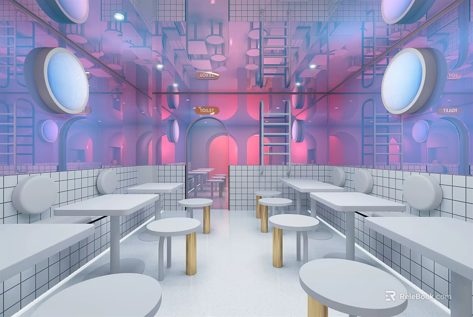 Modern Dessert Shop Interior With Round Windows White Tables And Pink Decor Elements 3d model 