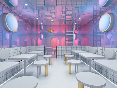 Modern Dessert Shop Interior With Round Windows White Tables And Pink Decor Elements 3d model