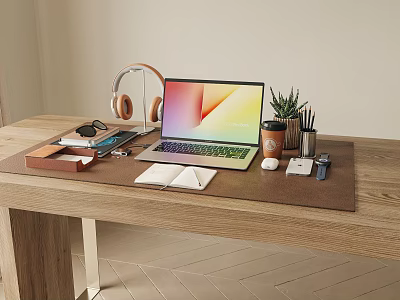 Laptop Setup on Wooden Desk With Headphones Potted Plant Stationery Notebook and Mouse Pad 3d model